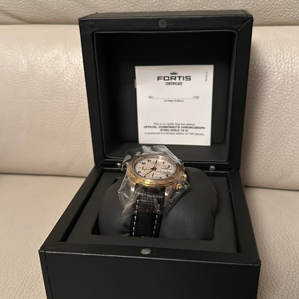 Ultra rare, automatic Fortis, watch only 100 made 18 karat gold bezel.